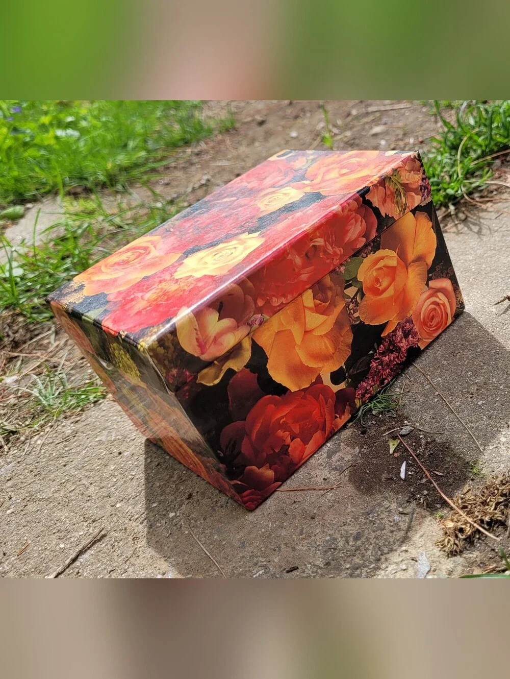 Vintage Floral Decoupage Trinket Recipe Box Vibrant Orange Roses Cottagecore